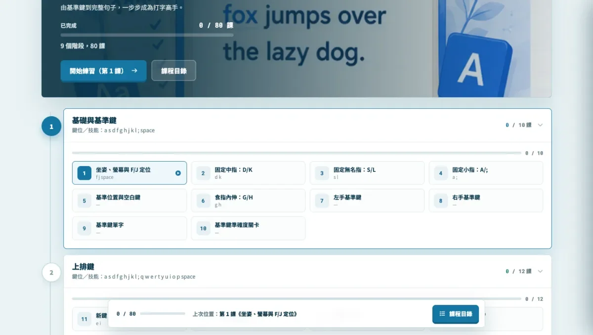 《五色打字 AI 平台》英文課程畫面：示範句子 the quick brown fox jumps over the lazy dog，下方列出基準鍵練習的各個階段